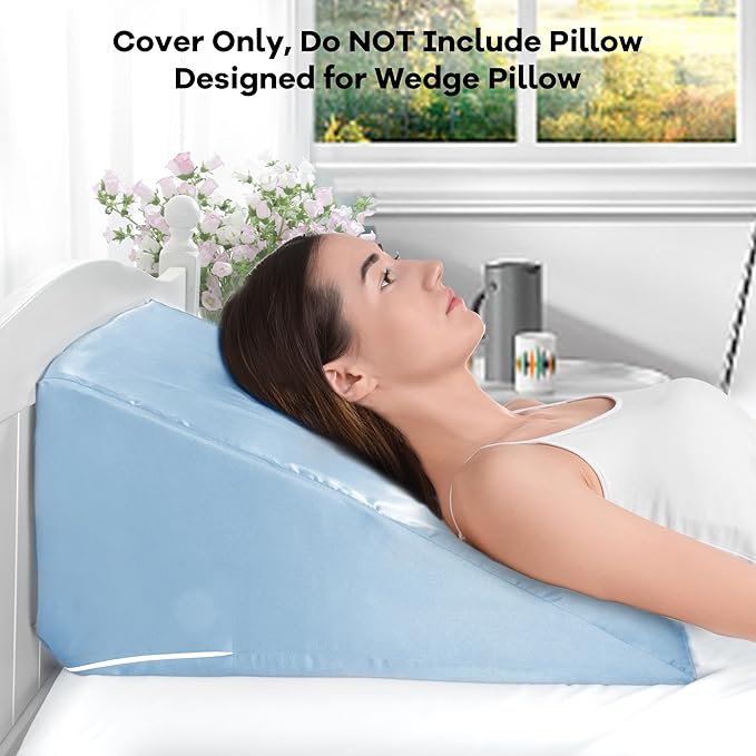 HOMBYS Satin Bed Wedge Pillow Cover Silky & Smooth Wedge Pillowcase 1 Pack 24x24x7.5, Soft & Breathable, Removable & Machine Washable-Zipper Design (Pillow Not Include), Light Blue