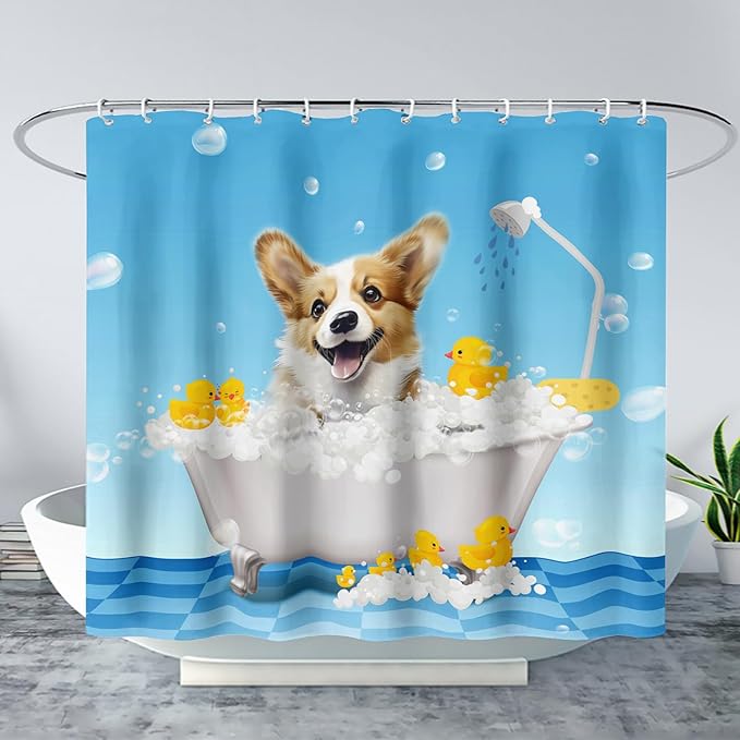 AILONEN 3D Bathtub Dog Shower Curtain for Kids 60" W*72" H Kawaii Shower Puppy and Bathtub Yellow Duck Shower Curtain,Polyester Waterproof Fabric Decor for Bathroom Bathtub Panels