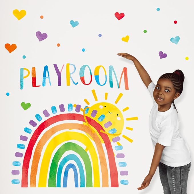 Mfault Playroom Rainbow Wall Decals Stickers, Watercolor Sun Love Hearts Nursery Decorations Kids Bedroom Art, Neutral Toddler Boy Girl Baby Living Room Classroom Decor