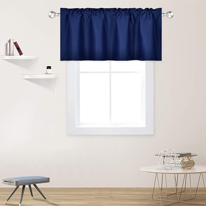 Navy Blue Valance for Windows Solid Blackout Rod Pocket Short Curtain Valance for Kitchen Bathroom 42x18 Inch 1 Panel