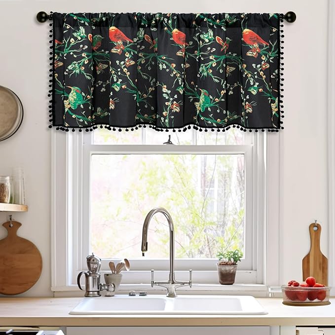 Leeva Birds & Butterflies Printing Curtain Valances, Rod Pocket Boho Short Drapes for Kitchen, Pom Pom Tasseled Small Window Treatment for Bathroom, 52 x 18, 1 Piece