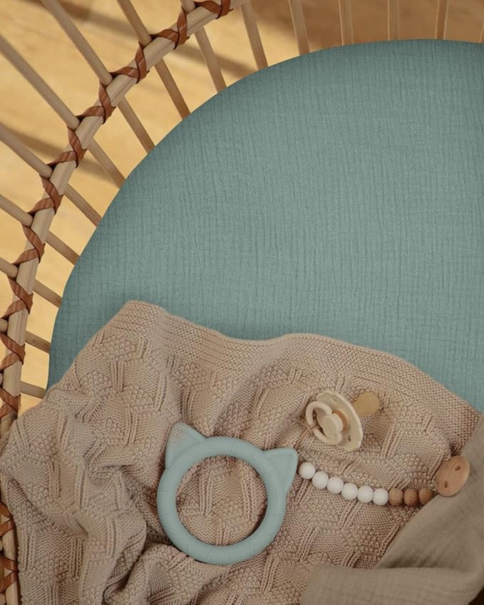 Blissful Diary Muslin Bassinet Sheets for Baby Girls Boys, Boho Soft Cotton Fitted for Oval Hourglass Rectangle Mattress, 2 Pack(Roman Green&Leaf)