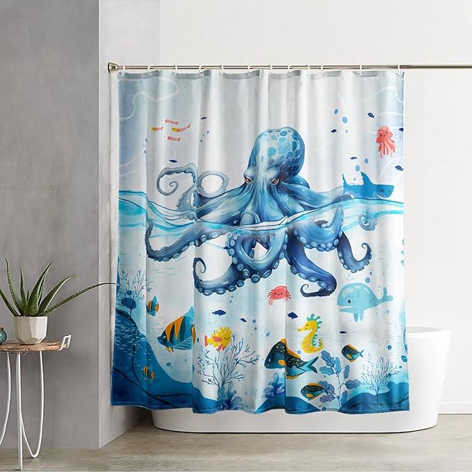 AILONEN Blue Octopuses Shower Curtain Set, Cartoon Octopus Creature Waterproof Fabric Shower Curtain,Ocean Animal Cloth Bath Curtain,Watercolor Blue Shower Curtain Liner with Hooks,72" Wx78 H