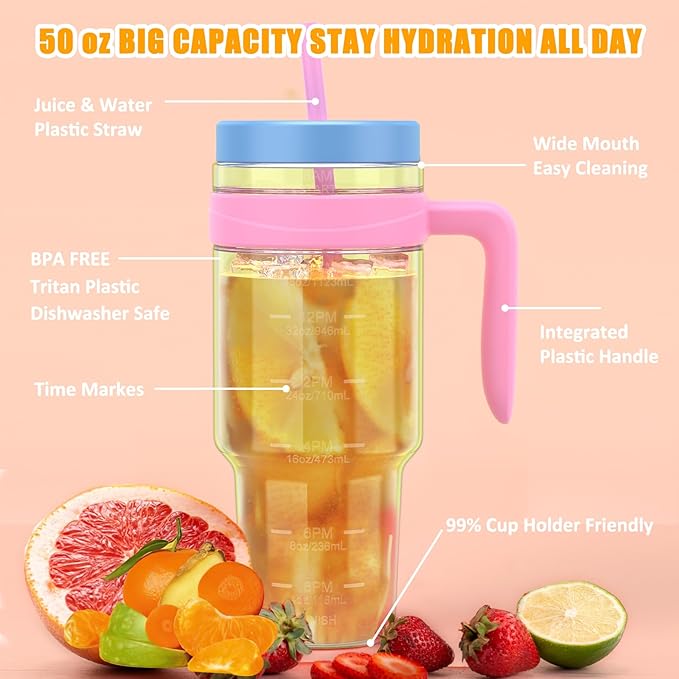 Tronco 50 oz Tritan Plastic Tumbler with Lid and Straw, BPA-Free Reusable Clear Water Bottle with Time Marker, 100% Leak Proof & Wide Mouth for Iced Coffee, Juice, Bubble Tea, Smoothies