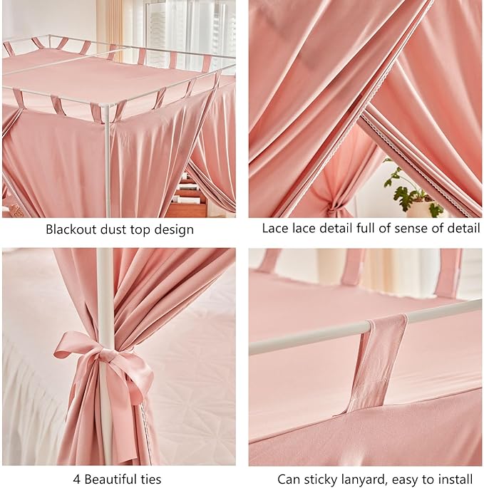 AIKASY Bean Paste Canopy Bed Curtains with Top Ties and Tie Backs for Bedroom Decoration - Queen Size Bed Curtains with Windproof and Lightproof Features