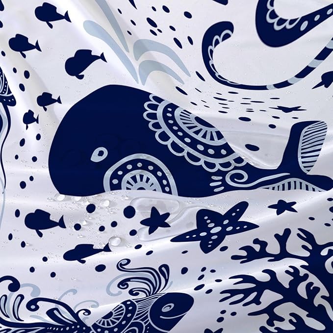 AILONEN Cartoon Dolphin Shower Curtain for Kids 72" W*78" H Inch,Blue Whales Octopuses Turtles Pattern Shower Curtain,Ocean Life Theme 12 Pack Hooks Polyester Waterproof Fabric Decor for Bathroom