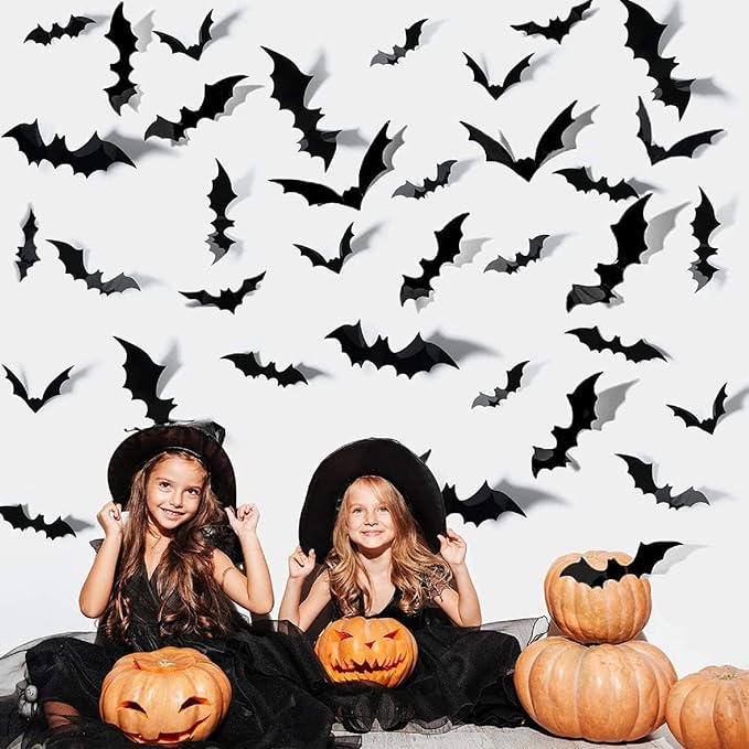 Halloween Wall Stickers 28Pcs Bat Wall Decor 3D Self Adhesive Halloween Wall Decals Horror Black Bats Wall Decorations Reusable Window Stickers for Halloween Party Home Room Art DIY Accessories