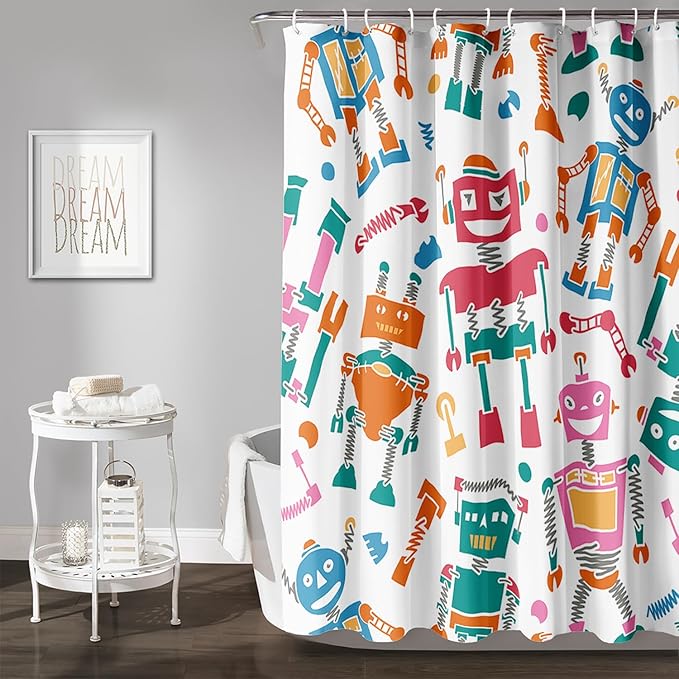 AILONEN Robots Shower Curtain,Modern Cartoon Super Robot Pattern Bathroom Decor for Boys Girls Teens Kids, 72" W*78" H Watercolor Robot Shower Curtain Set