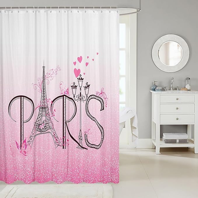 Feelyou Eiffel Tower Shower Curtain 72"x72" Kids Romantic Paris Bathroom Shower Curtain Set for Boys Girls Teens Ombre Pink Butterfly Bath Curtain Modern French Bathroom Accessories