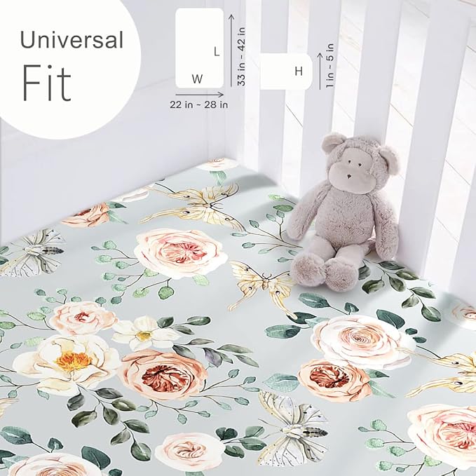 GRSSDER Stretchy Ultra Soft Jersey Knit Fitted Pack n Play Sheets Set 2 Pack, Portable/Mini Crib Sheets for Girls, Watercolor Flowers and Fruits