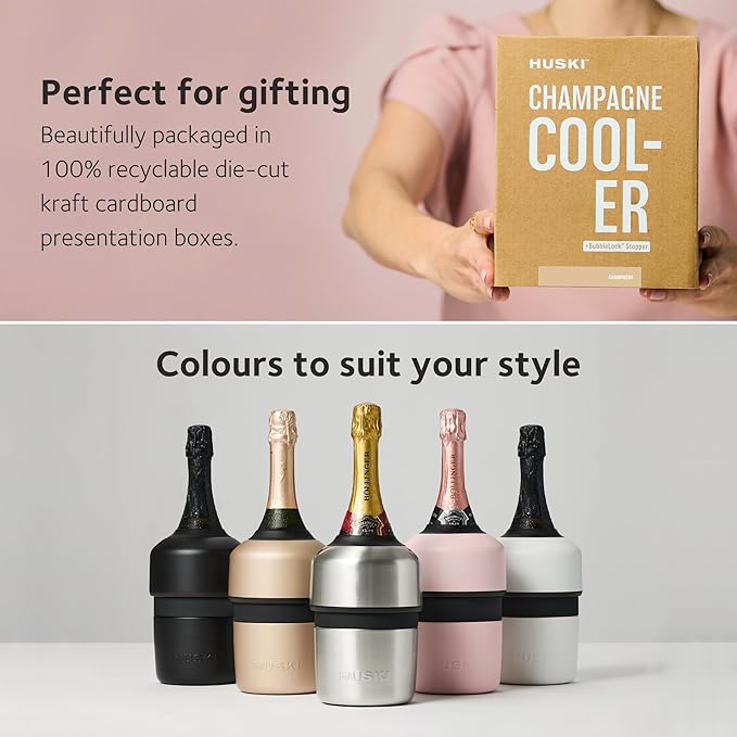 Huski Champagne Chiller | NEW | Award-Winning Iceless Design with Detachable Bottle Stopper | Keeps Wine Cold up to 6 Hours | Fits most 750ml Champagne, Prosecco & Sparkling Wine Bottles (Black)