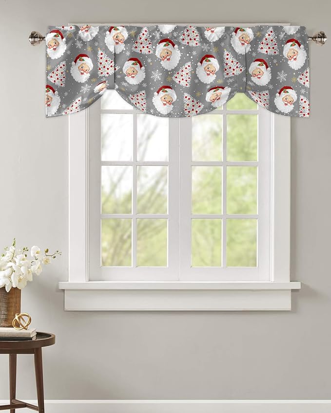 Grey Christmas Blackout Tie Up Valance Curtains for Kitchen Windows Santa Claus Merry Christmas Tree Window Toppers Balloon Shades for Living Room/Bathroom/Bedroom,1 Panel, 42" X 18", Winter Snowflake