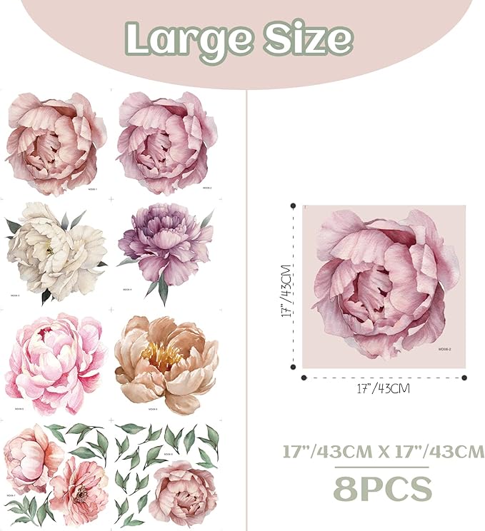 9 Pieces Large Peony Watercolor Wall Decals Peel and Stick, Oppro Big Size Floral Peonies Blossom Colorful Flower Leaves Wall Stickers Decor for Living Room Bedroom Kids Room Decoration, Pink Purple