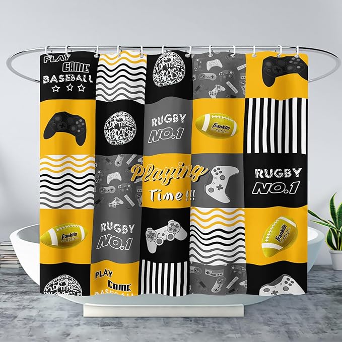 AILONEN Gaming Shower Curtain,Orangish Ball Sports Bathroom Shower Curtain for Boys Kids Teens, 48" W*72" H Gaming Gamer Theme Shower Curtain Sets for Bathroom