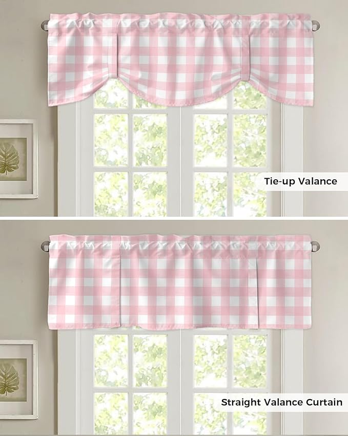 Christmas Blackout Tie Up Valance Curtains for Kitchen Windows Rustic Pink White Buffalo Check Plaid Pattern Window Toppers Balloon Shades for Living Room/Bathroom/Bedroom,1 Panel, 42" X 12",Farmhouse