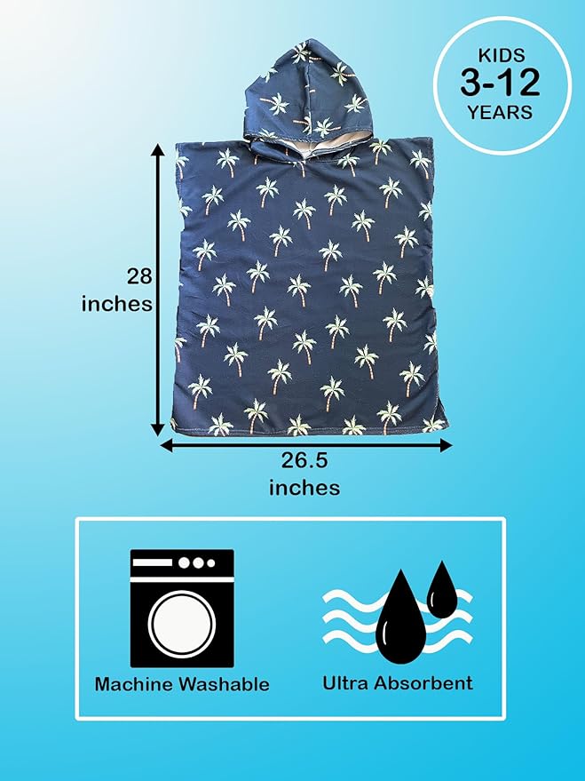 Kids Hooded Towel Poncho - Kids Beach Poncho - Kids Surf Poncho - Kids Pool Towel - Kids Beach Towel - Swim Coverup For Kids - Kids Beach Towel Poncho (Sand Checkered Palm Trees)