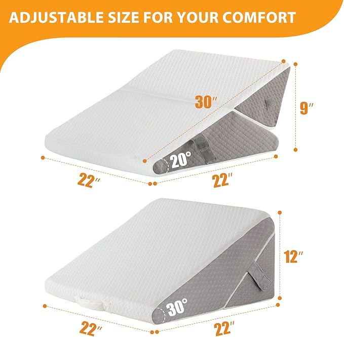 Bed Wedge Pillow for Sleeping, 9&12 Inch Wedge Pillow for Back Pain Relief, Adjustable 7-in-1 Memory Foam Triangle Pillow for Back and Leg Support, Acid Reflux, Snoring & Gerd, White/Grey