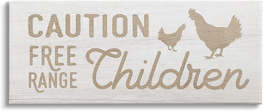 Stupell Industries Caution Free Range Children Sign Funny Farm Chickens, Design by Daphne Polselli Canvas Wall Art, 48 x 20, Beige