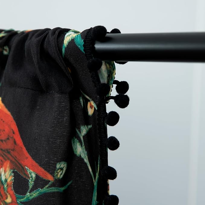 Leeva Birds & Butterflies Printing Curtain Valances, Rod Pocket Boho Short Drapes for Kitchen, Pom Pom Tasseled Small Window Treatment for Bathroom, 52 x 18, 1 Piece