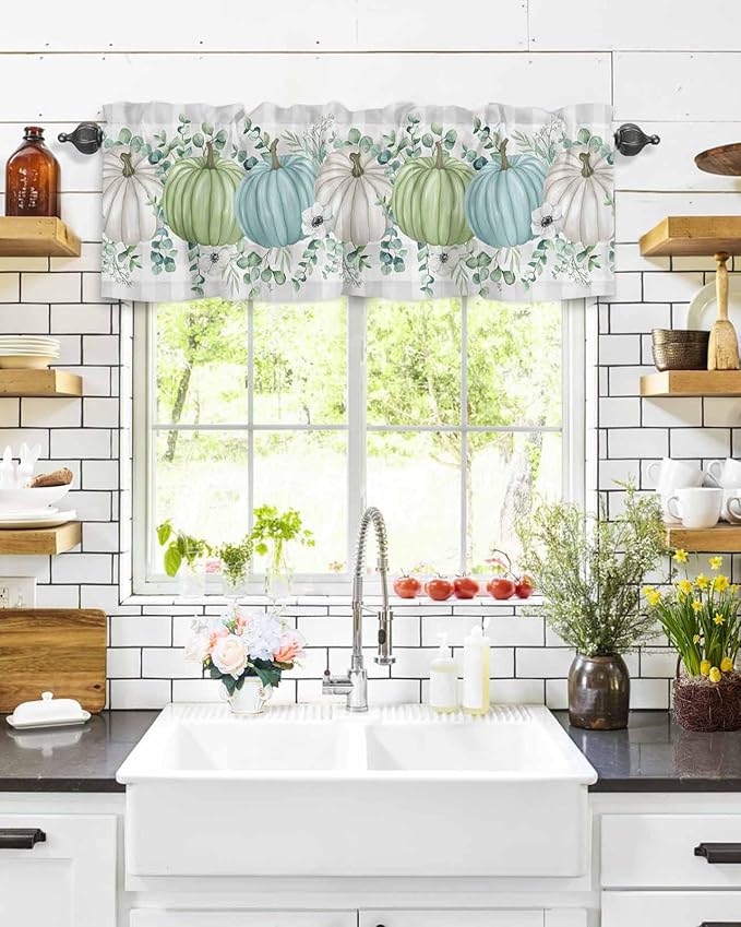 Fall Thanksgiving Kitchen Curtains Valances for Windows Autumn Pumpkins Eucalyptus Leaves Rod Pocket Window Treatment for Kitchen /Living Room/Bedroom/ Bathroom, 60" X 18", White Blue Green Gray Plaid