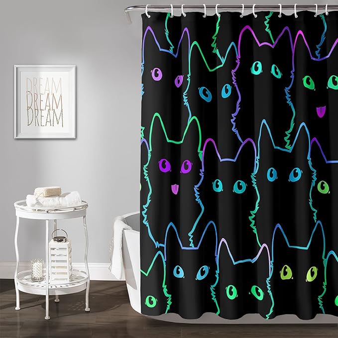 AILONEN Cute Cat Shower Curtain for Bathroom,Gradient Line Kawaii Kitten Bath Curtain for Kids Boys Girls,Color Cartoon Animal Polyester Waterproof with 12 Plastic Hooks 72" W*78" H