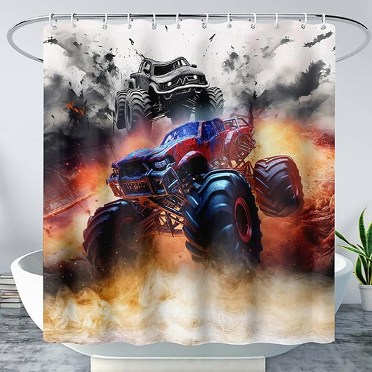 AILONEN Boys Monster Truck Shower Curtain for Bathroom, Watercolor Truck Bath Curtain,Cartoon Truck Shower Curtain for Kids Teen,Waterproof Curtain Bathroom 60" W*72" H Decor with 12 Plastic Hooks