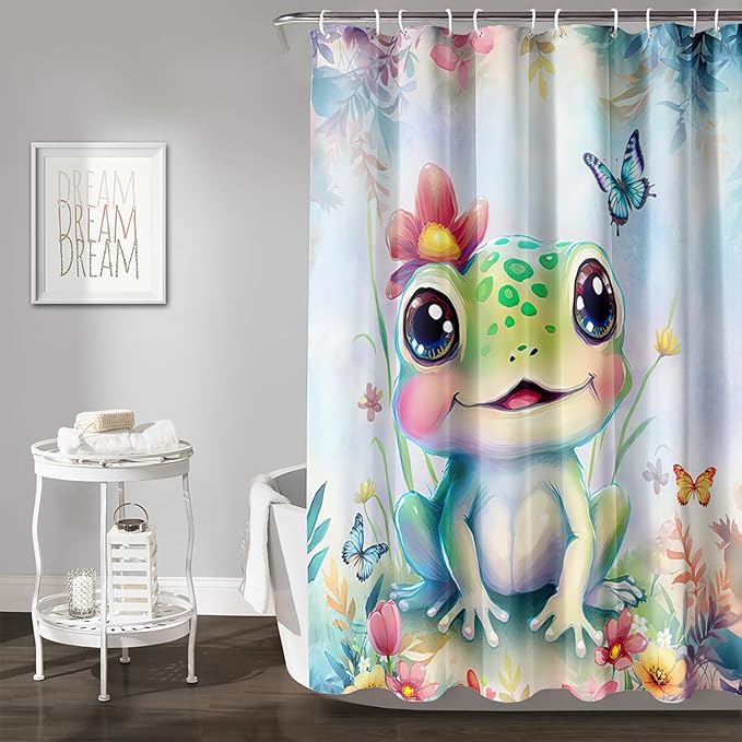 AILONEN Cartoon Frog Shower Curtain,Kawaii Frog Waterproof Fabric Bath Curtain for Kids Girls,Watercolor Blue Flower with Butterfly Shower Curtain Set for Bathroom with Hooks,72" W*84" H