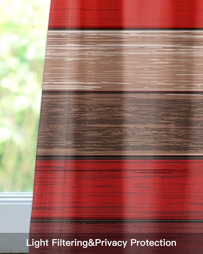 Farmhouse Kitchen Curtains Valances for Windows , Christmas Red Brown Rod Pocket Country Window Treatment for Kitchen /Living Room/Bedroom/ Bathroom,54" X 18" -1 Panel, Retro Rustic Barn Wood Texture