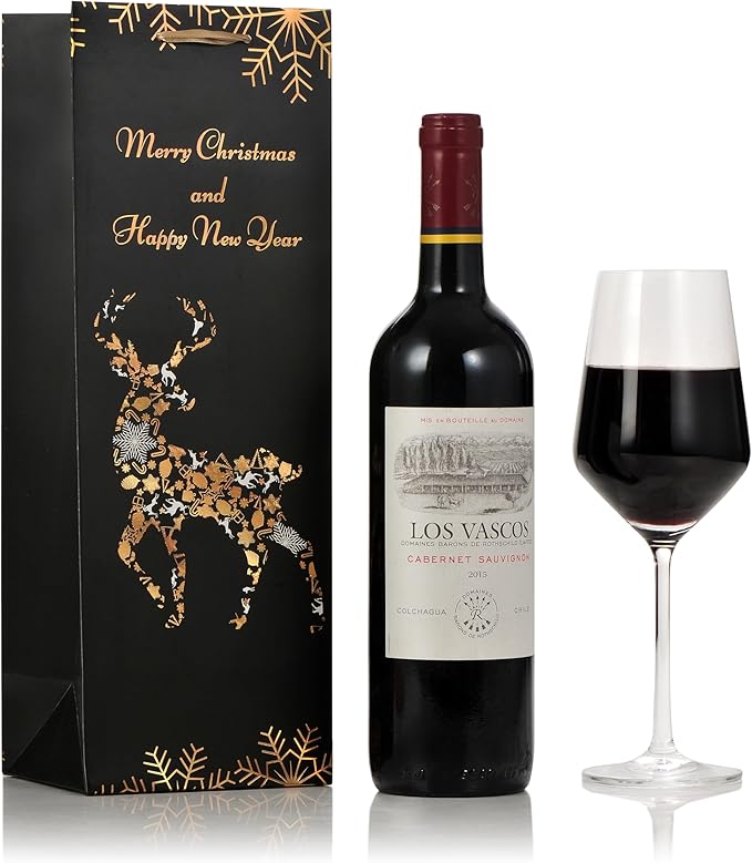 RAZKO Christmas Wine Gift Bags - Set of 12 - Gold Foil Wine Bags, 4 Christmas Patterns (5 x 14 x 3 in) -Heavy Duty Wine Gift Bags for Wine Bottles - Wine Bottle Gift Bags Bulk Black&Gold Color