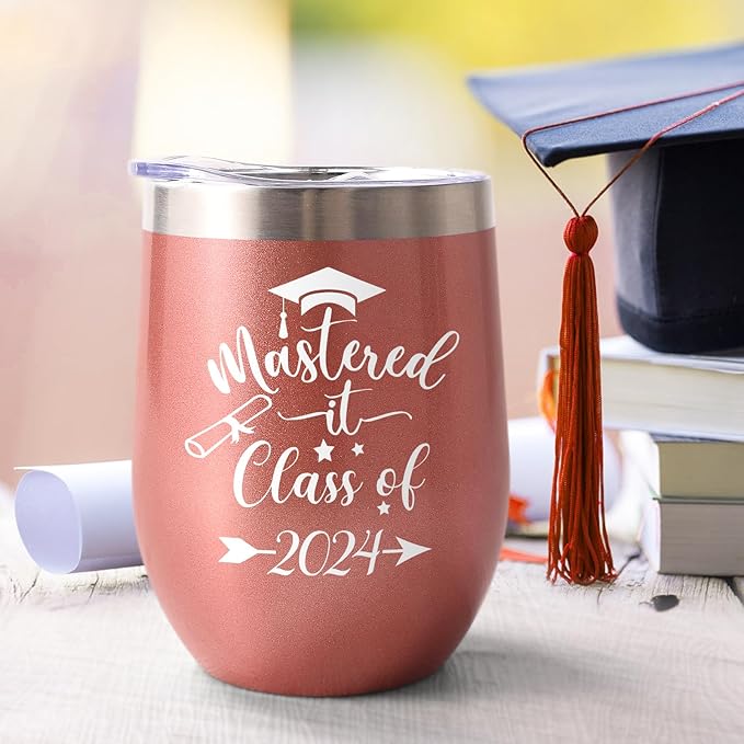 Lifecapido Graduation Gifts, Mastered it Class of 2024 12oz Wine Tumbler with Keychain, 2024 High School College Masters Degree PHD Graduation Gifts for Her Graduates Friends Classmates, Rose Gold