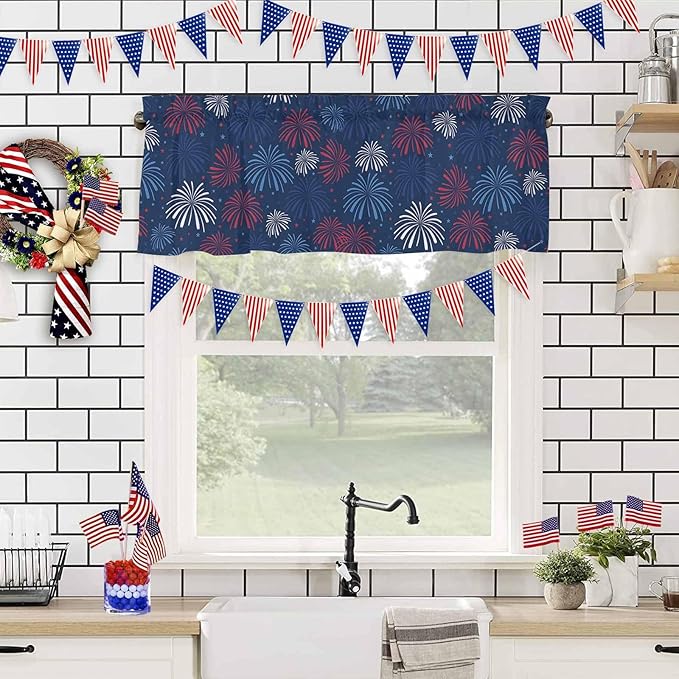 July 4th Kitchen Curtains Valances for Windows Fireworks Celebrate Patriotic Americana Stars Rod Pocket Window Treatment for Kitchen/Living Room/Bedroom/Bathroom, 54" X 18", Red, White and Blue