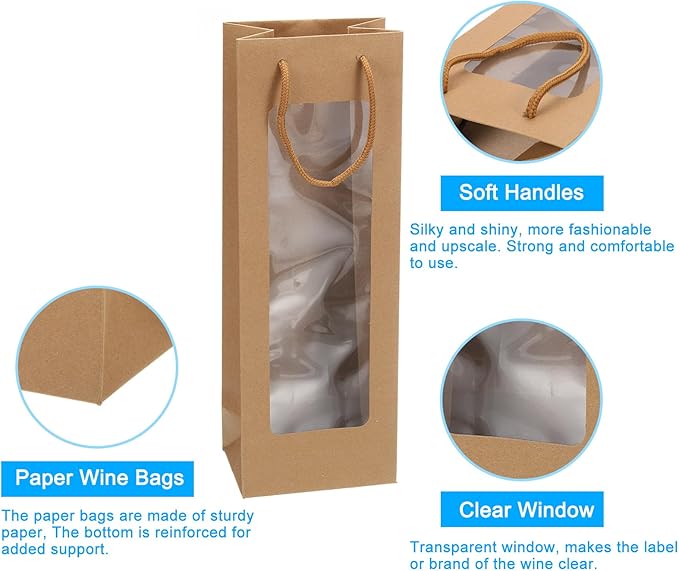 uxcell Wine Bags, 12pcs 4.92"x3.35"x14.2" Wine Gift Bags with Rope Handles, Paper Wine Tote Bag with Clear Window for Wedding Birthday Christmas Party Supplies, Wood