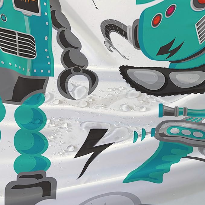 AILONEN Robot Shower Curtain,Cartoon Green Tank Robot Bathroom Decors, 72" W*78" H Logistic Robots Waterproof Shower Curtain for Boys Girls Teens Kids