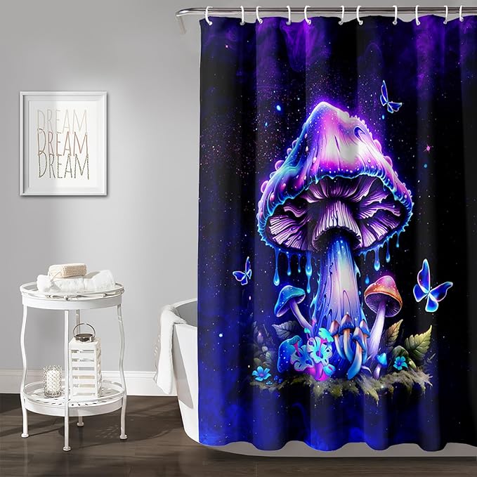 AILONEN Magic Mushroom Shower Curtain,Blue Butterfly Waterproof Fabric Bath Curtain for Kids Girl,Boho Style Shower Curtain Set for Bathroom,Natural Fungal Shower Curtain with Hooks 72" W*84" H