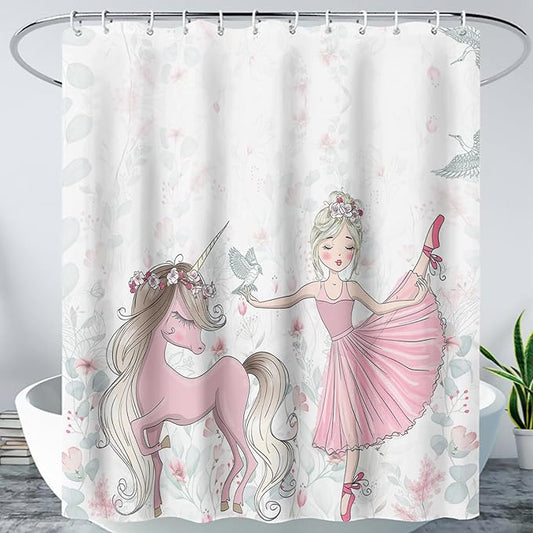 AILONEN Unicorn Shower Curtain, Cartoon Unicorn with Ballerina Girl Shower Curtain Set for Girls Teens Kids,Watercolor Pink Flowers Fabric Shower Curtain for Bathroom,36" W*72" H