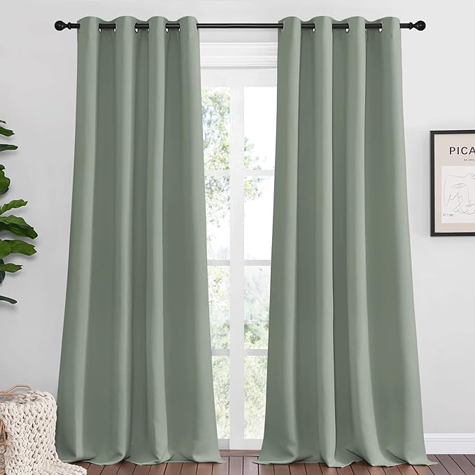 NICETOWN Greyish Green Blackout Curtains 96" Long for Office, Dining Room, Guest Room, Sound Reducing Heat and Cold Block Curtain Panels for Modern Room Decorative (55" Wide, 2 Pieces)