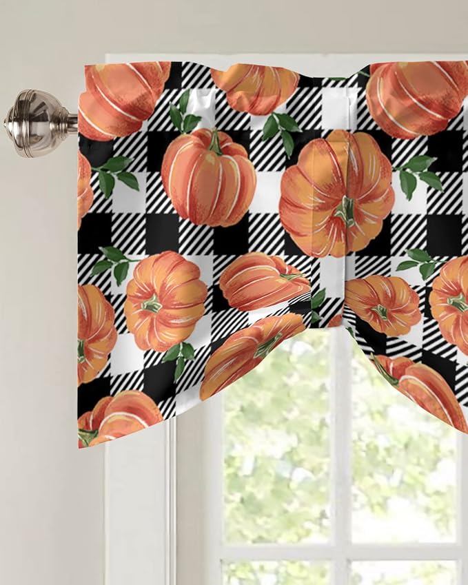 Fall Blackout Tie Up Valance Curtains for Kitchen Windows Thanksgiving Halloween Pumpkins Window Toppers Balloon Shades for Living Room/Bathroom/Bedroom,42" X 12" Farmhouse Black White Buffalo Plaid