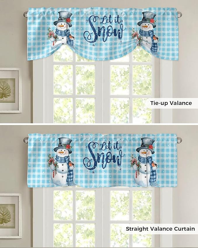 Snowman Christmas Blackout Tie Up Valance Curtains for Kitchen Windows Let It Snow Winter Holiday Window Toppers Balloon Shades for Living Room/Bath/Bedroom,1 Panel, 42" X 12",Blue White Buffalo Plaid