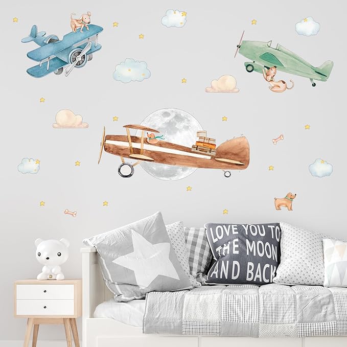 Large Airplane Wall Decals for Kids by Lipastick - 47 pcs Premium Kids Wall Stickers Aircrafts - Creative Nursery Wall Decal - Plane Vinyl Wall Decals for Baby Nursery Children Room Bedroom M Size