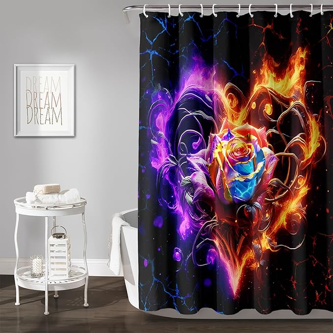 AILONEN Rose Shower Curtain for Bathroom,Purple Red Flame Fire Rose Hearts Print Bath Curtain,Modern Print Decoration Waterproof Shower Curtain with 12 Plastic Hooks, 36" W*72" H