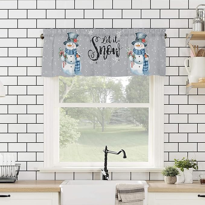 Snowman Christmas Valance Curtains for Kitchen Windows Let It Snow Winter Holiday Rod Pocket Window Treatment Toppers for Kitchen/Living Room/Bedroom/Bathroom, 42" X 12", Grey White