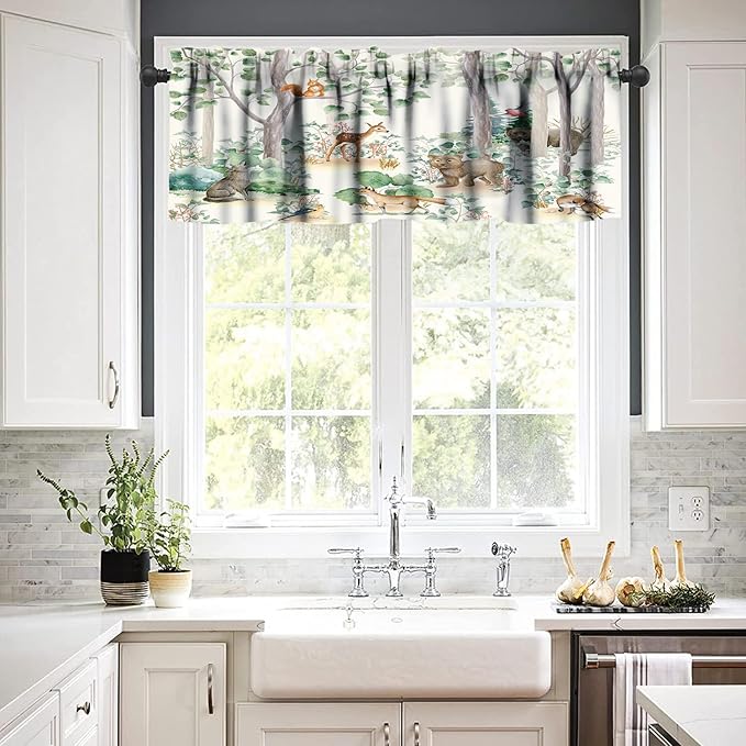 Forest Animal Kitchen Valances,Fox Elk Bird Animal Watercolor Woodland Print Kitchen Curtains Valances Kids Nursery Bedroom Living Room Cafe Home Decoration 54x18 Inch, 1 Panel