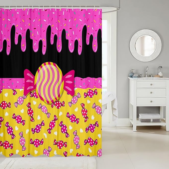 Feelyou Sweet Candy Shower Curtain 72"x78" Kids Donuts Print Bathroom Shower Curtain Set for Boys Girls Teens Love Heart Bath Curtain Black Pink Yellow Bathroom Accessories