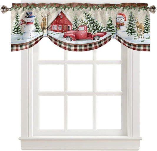 Christmas Farmhouse Blackout Tie Up Valance Curtains for Kitchen Windows Snowman Farm Red Truck Window Toppers Balloon Shades for Living Room/Bathroom/Bedroom,1 Panel,60" X 18" Winter Holiday