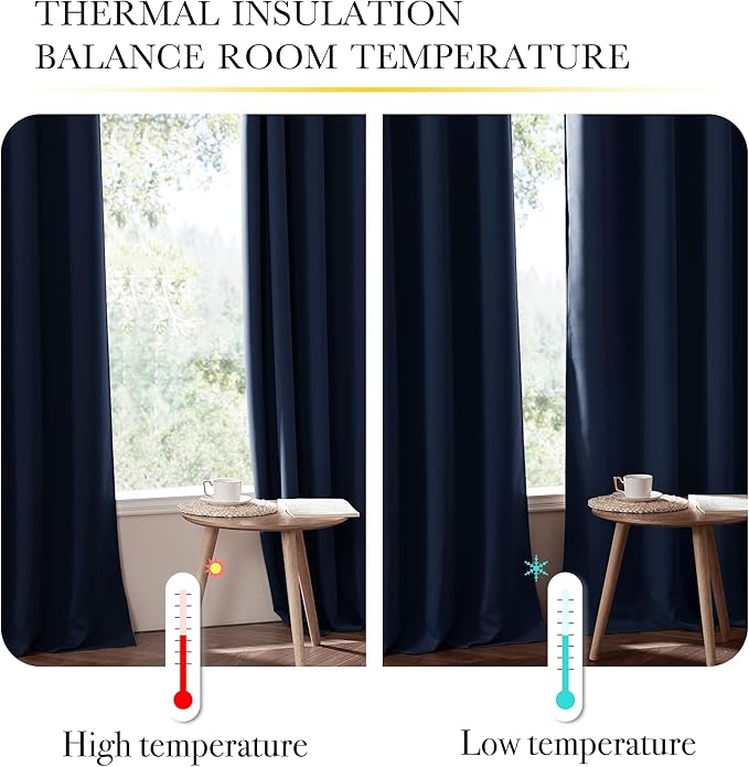 NICETOWN 100% Blackout Curtain Set, Thermal Insulated & Energy Efficiency Window Draperies for Guest Room, Full Shading Panels for Shift Worker and Light Sleepers, Navy Blue, 52W x 84L, 2 PCs