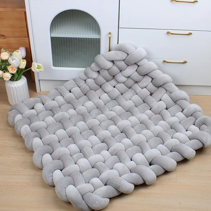 XHJRI Thickened Braided Knot Seat Mat, Knotted Floor Decorative Cushion, Handmade Baby Infant Playing Pad Nursery Rug (27.5 * 31.5 Inch,Grey)