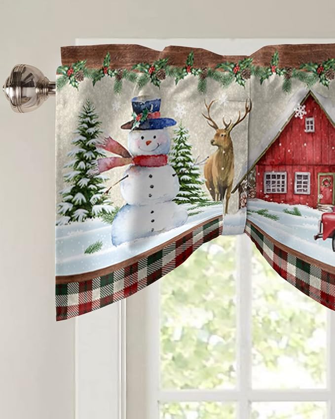 Christmas Farmhouse Blackout Tie Up Valance Curtains for Kitchen Windows Snowman Farm Red Truck Window Toppers Balloon Shades for Living Room/Bathroom/Bedroom,1 Panel,54" X 18" Winter Holiday