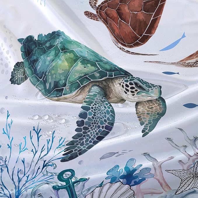 AILONEN Cartoon Sea Turtle Shower Curtain Set, Blue Ocean Animals Waterproof Fabric Shower Curtain,Gouache Anchor Nautical Theme Shower Curtain Liner for Bathroom with Hooks,72" Wx78 H