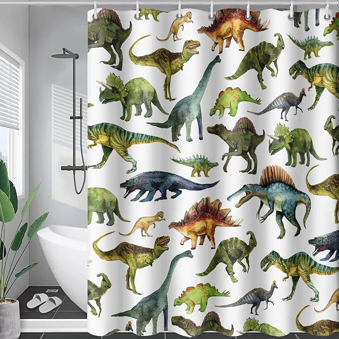 AILONEN Dinosaur Shower Curtain 72" W*72" H for Bathroom,Cartoon Dinosaur Bathroom Shower,Tropical Jungle Dinosaur Kids Boys Bath Curtain Polyester Waterproof Bathroom Curtain with 12 Hooks