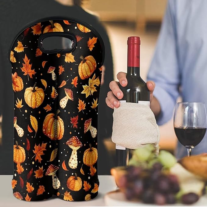 doginthehole 2 Bottle Wine Bag Tote Bag, Fall Maple Leaf Pumpkin Mushroom Neoprene Wine Carrier Tote Bag, Wine Bag for Wine Bottle, Beer Bottle and Water Bottle, Thanksgiving Day Decorations